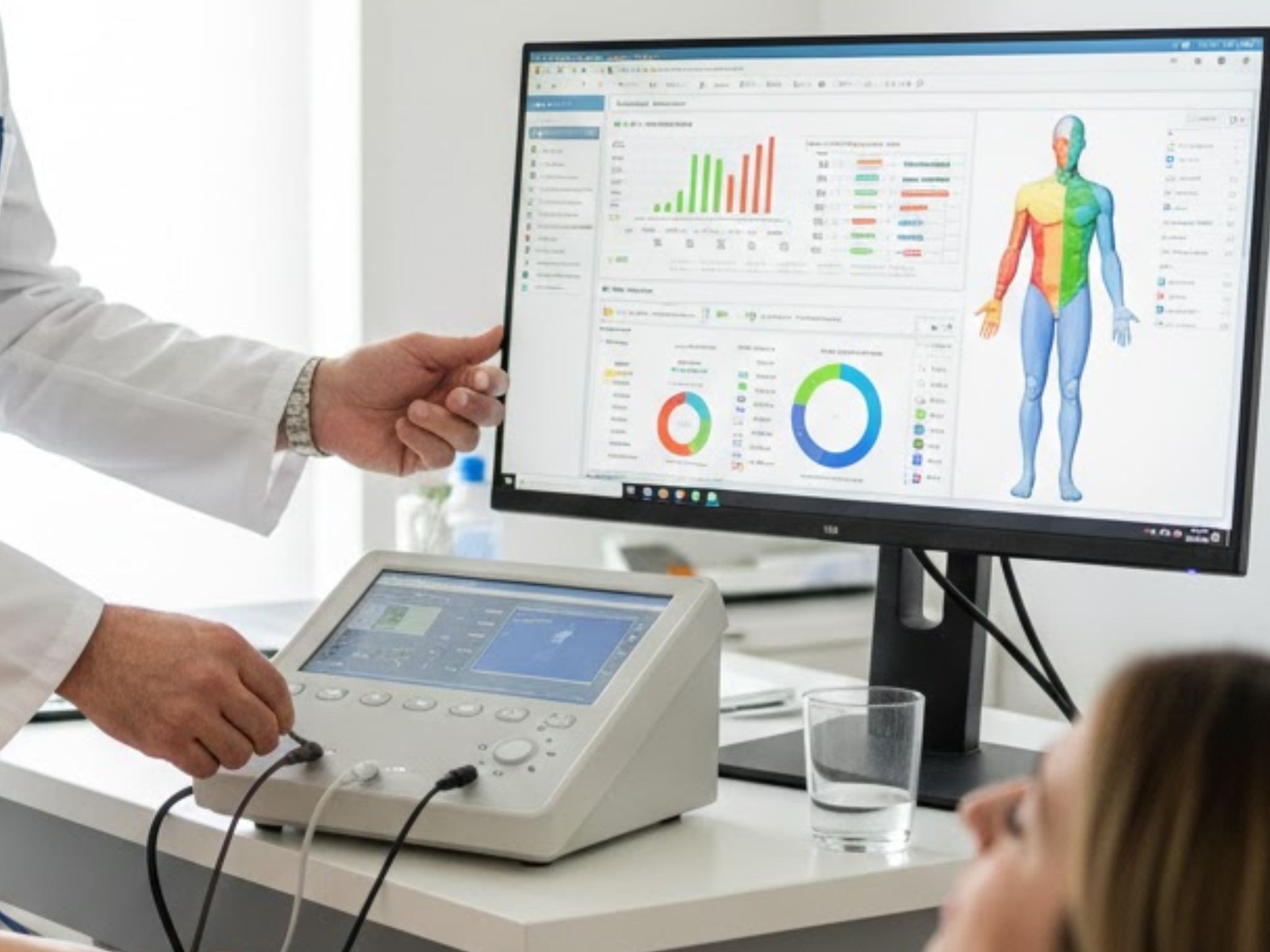 Professionista a Perugia che esegue l'analisi della composizione corporea (BIA) per valutare massa grassa e magra.